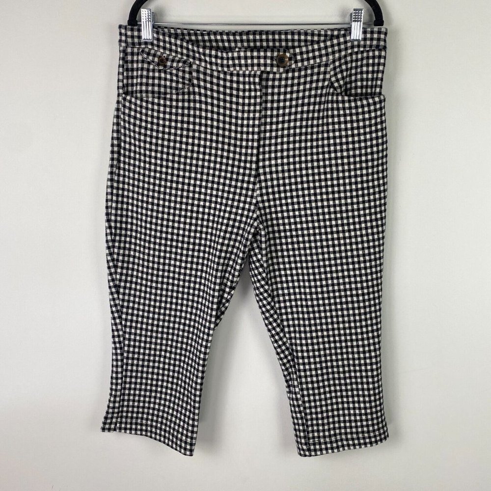 Anthropologie Gingham Pedal Pusher Capri Pants Womens Size 14 Black White